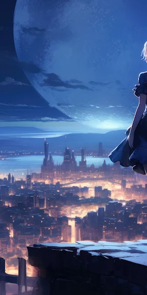 Anime, Cityscape, Moon, Night, Blonde 4K Wallpaper Background