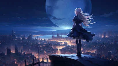 Anime, Cityscape, Moon, Night, Blonde 4K Wallpaper Background