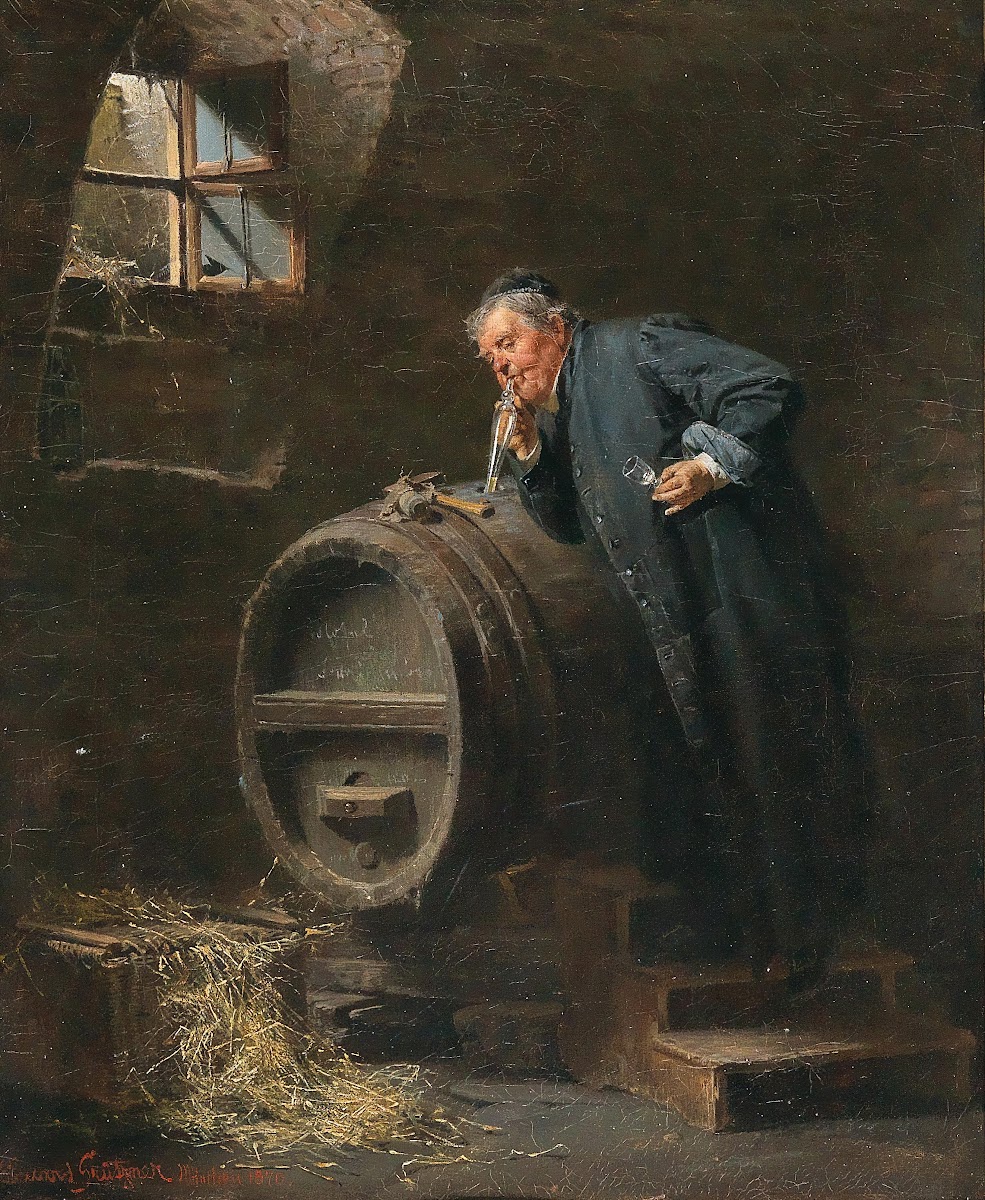 A Monk In A Wine Cellar With A Wine Siphon