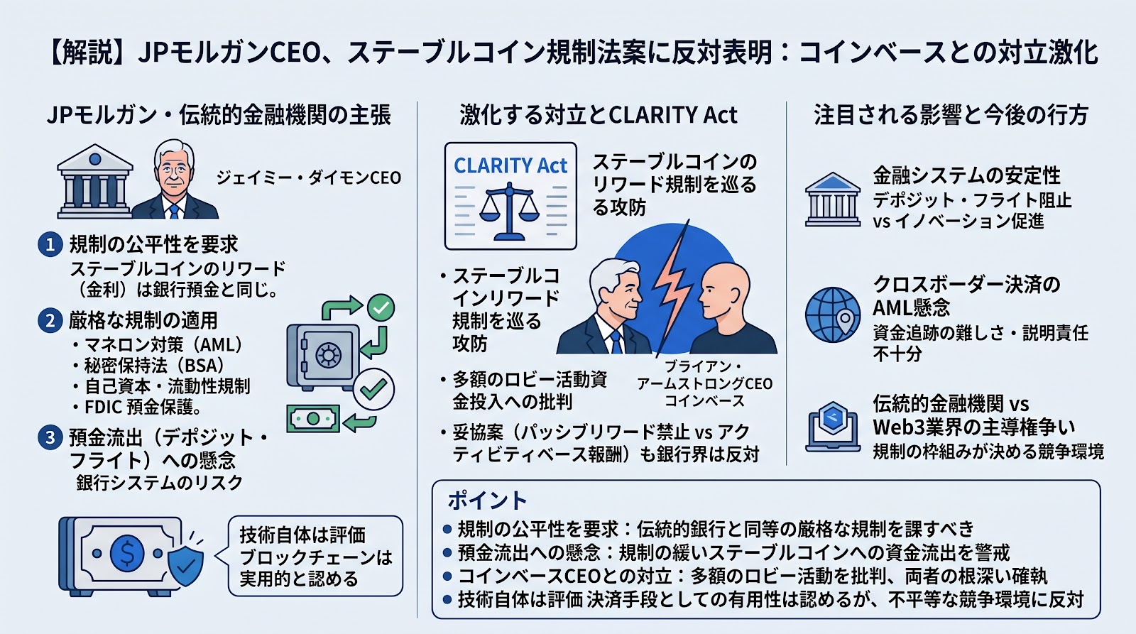 JPモルガンCEOジェイミー・ダイモン氏がステーブルコイン規制法案に反対表明　コインベースとの対立が激化