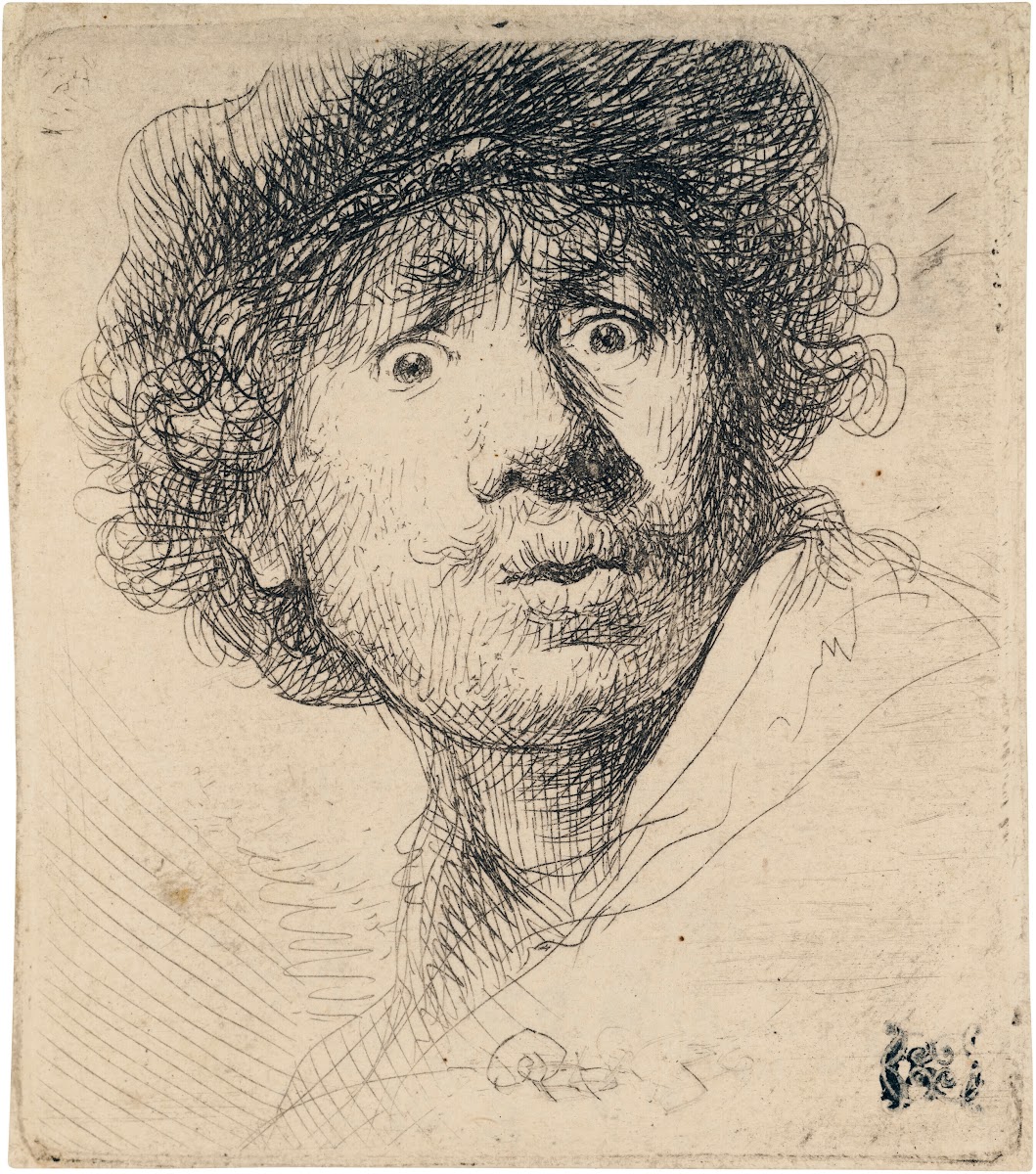Self Portrait in a Cap wide eyed and open mouthed 1630