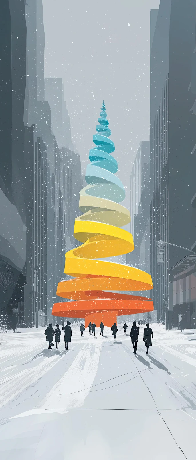 Modern Spiral Christmas Tree in City - Digital Illustration 2K iPhone Wallpaper (2000x4670)
