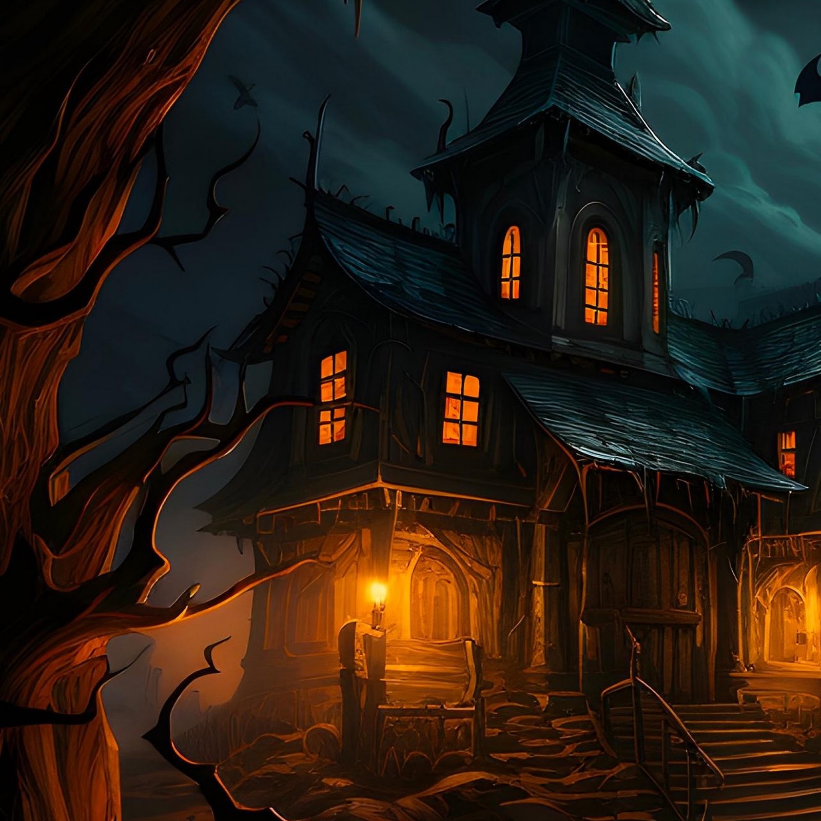 Download Haunted House With Glowing Pumpkins Full HD iPhone
