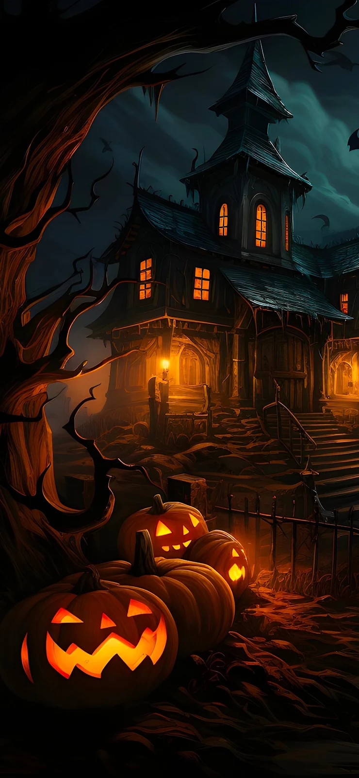 Haunted House With Glowing Pumpkins - Digital Illustration Full HD iPhone Wallpaper (1284x2778)
