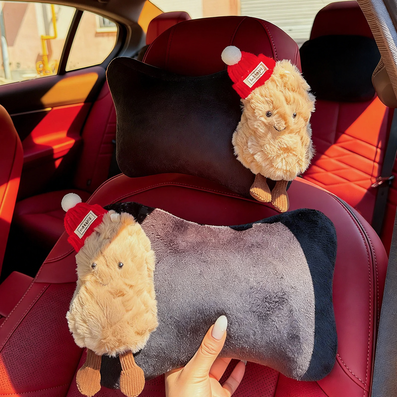 Plush car headrest with geometric pattern