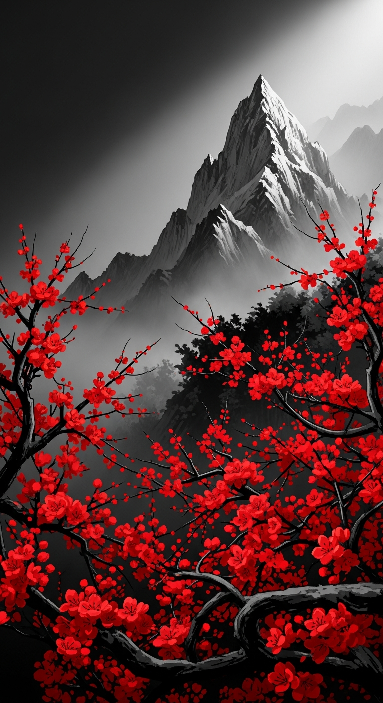 Dramatic Red Blossoms Against a Dark, Moody Snowy Mountain Landscape Illustration - Free 4K mobile Wallpaper