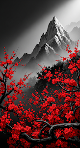 Dramatic Red Blossoms Against a Dark, Moody Snowy Mountain Landscape Illustration