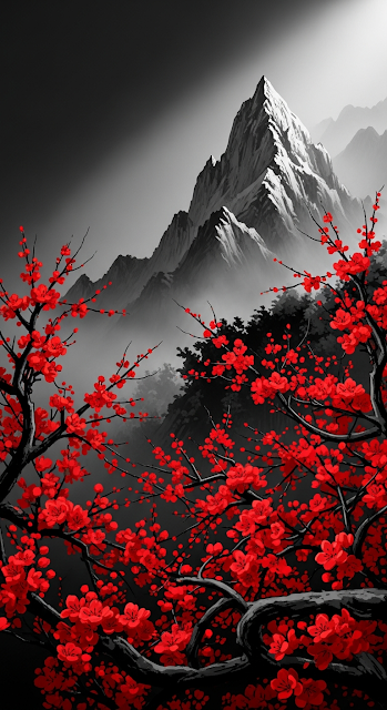 Dramatic Red Blossoms Against a Dark, Moody Snowy Mountain Landscape Illustration - Free mobile Wallpaper