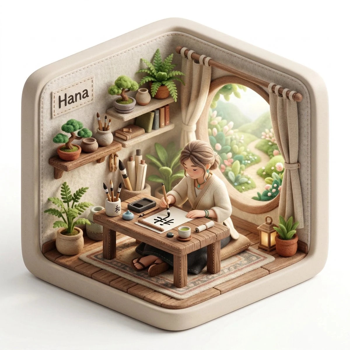 Crea una ilustración de diorama isométrico en 3D de un personaje original llamado [CHARACTER NAME], trabajando pacíficamente...