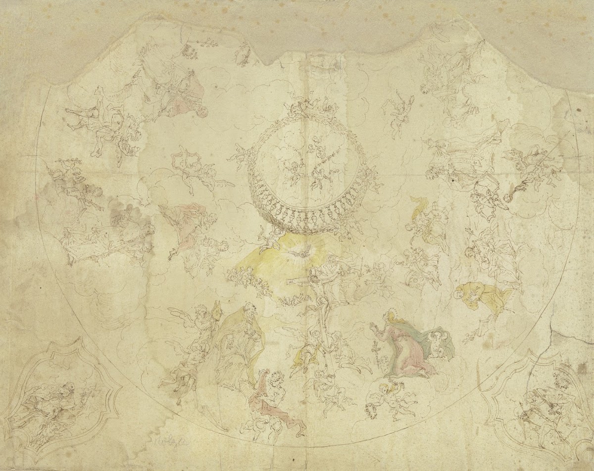 Dreieinigkeit Maria und Heiligen auf Wolken und Szenen aus Heiligenlegenden in z