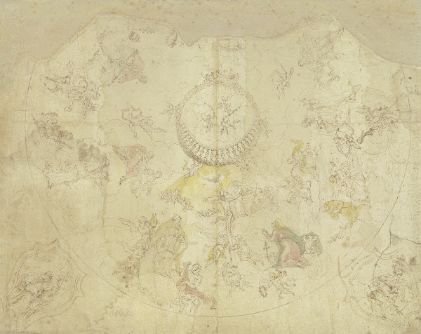 Dreieinigkeit Maria und Heiligen auf Wolken und Szenen aus Heiligenlegenden in z