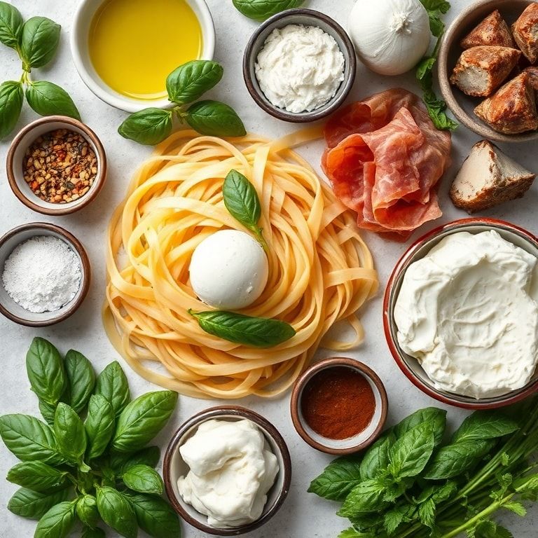 Ingredients for Creamy Basil Garlic Pasta with Burrata and Prosciutto: Quick Homemade Dinner