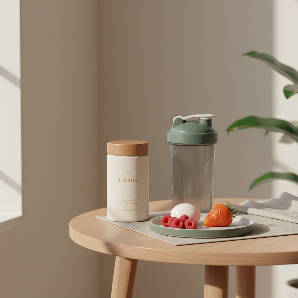 Minimalist morning corner with Tonum supplement container beside shaker bottle and a plate of boiled egg and berries, promoting protein shakes kidneys health