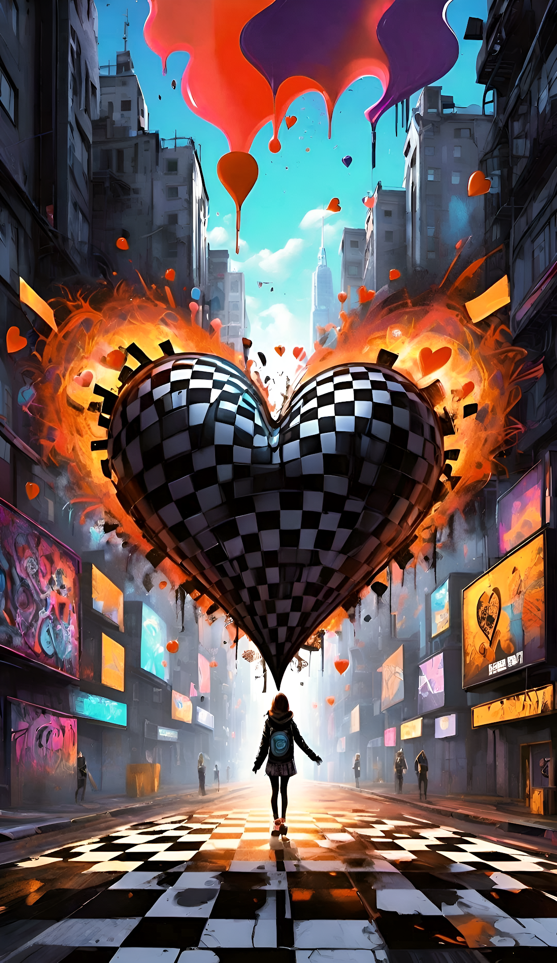 Surreal Urban Heart Street Art Checkerboard Cityscape - Free 4K mobile Wallpaper