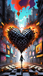 Surreal Urban Heart Street Art Checkerboard Cityscape