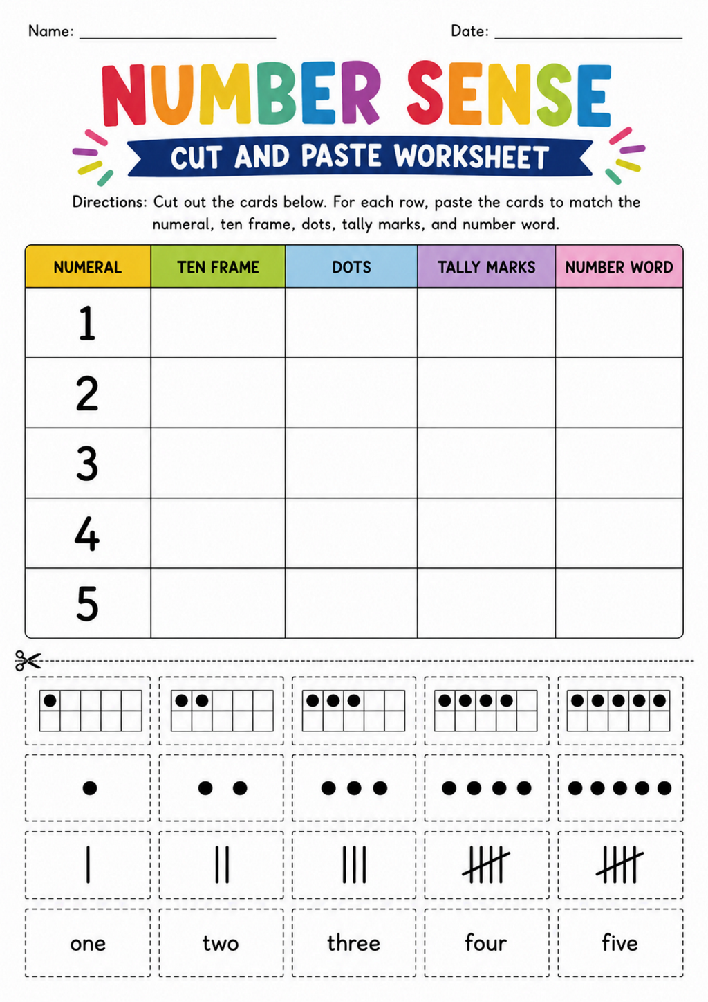 Number Sense Cut and Paste Worksheet