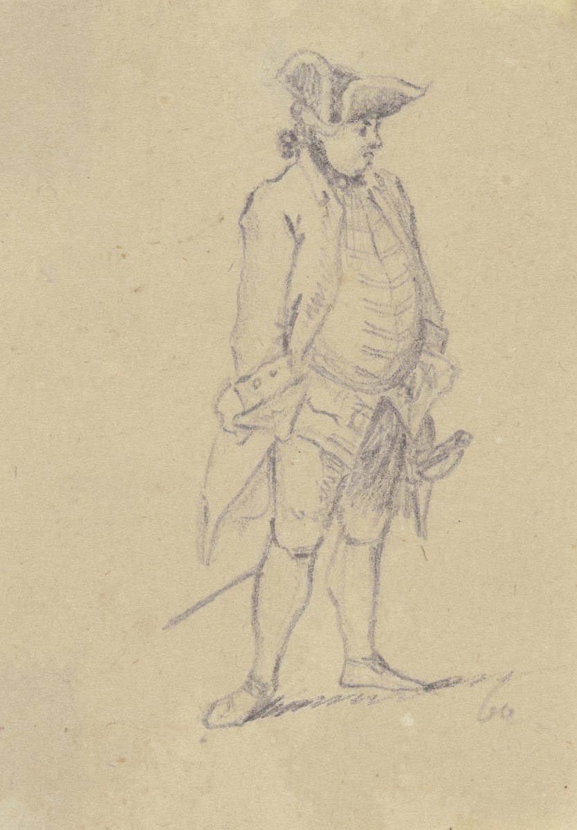 Stehender Offizier mit Degen 1760