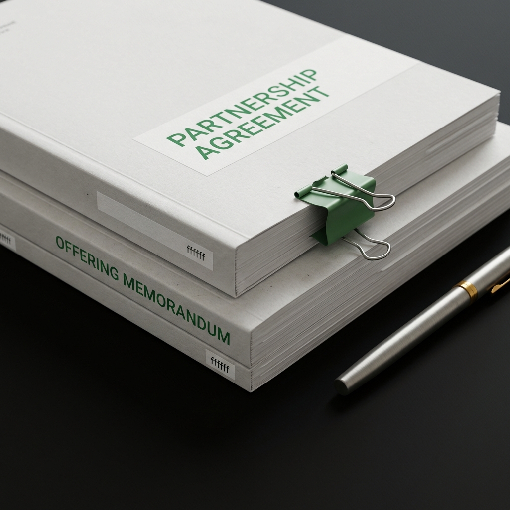 Close up stacked documents labeled partnership agreement and offering memorandum on a minimalist desk illustrating how to start an investment fund