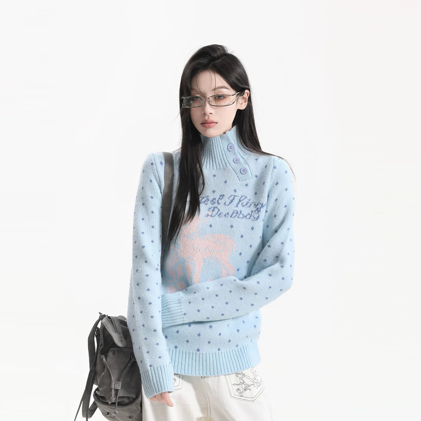 American knitted sweater with snowflake jacquard