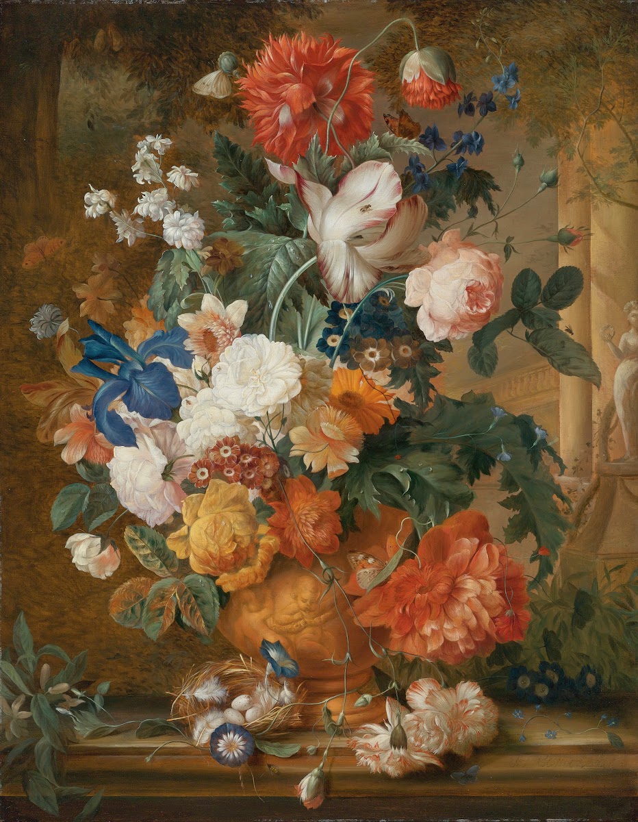 Peonies Roses Carnations An Iris Anemones Auricula And Other Flowers In A Terrac