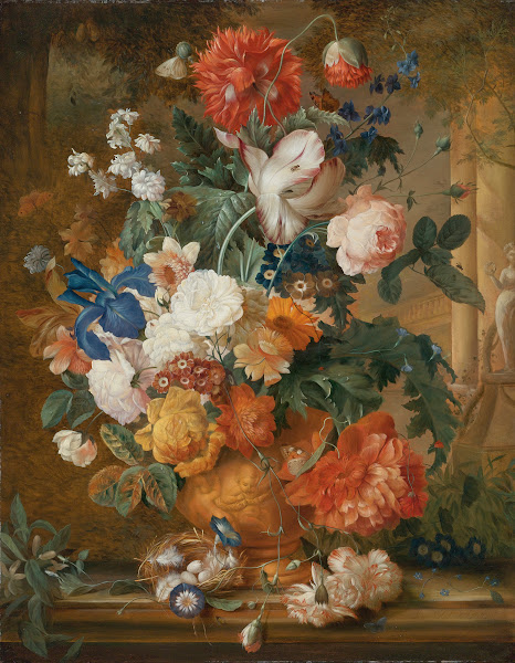 Peonies Roses Carnations An Iris Anemones Auricula And Other Flowers In A Terrac