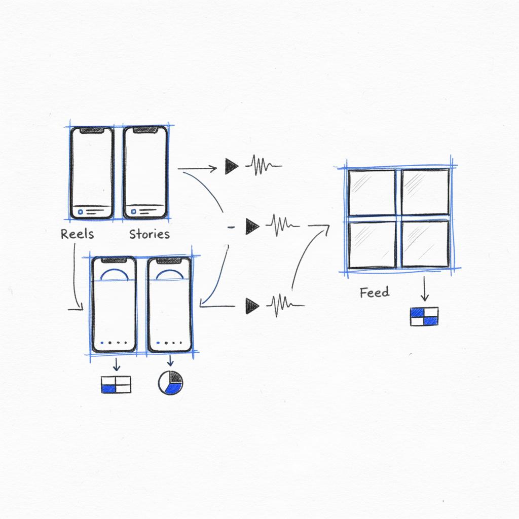 Hand-drawn notebook sketch showing Reels, Stories and Feed thumbnails connected by arrows to short video hooks and small budget boxes, highlighted with brand blue #1a5bfb &mdash; Instagram CPM