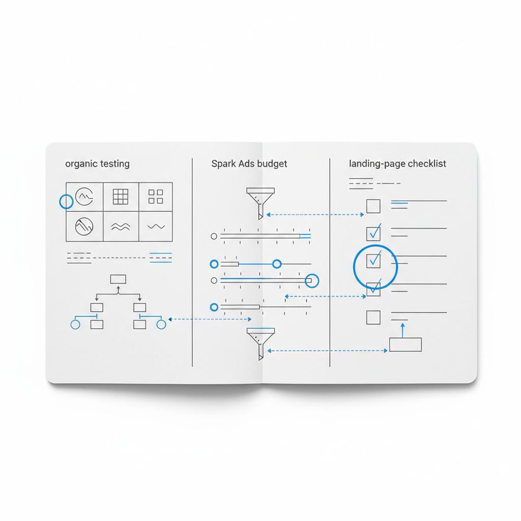 Close-up notebook spread with checkbox lists and mini flowcharts for a 90-day music promotion plan showing organic testing, Spark Ads budget, and landing-page checklist; TikTok promotion for artists