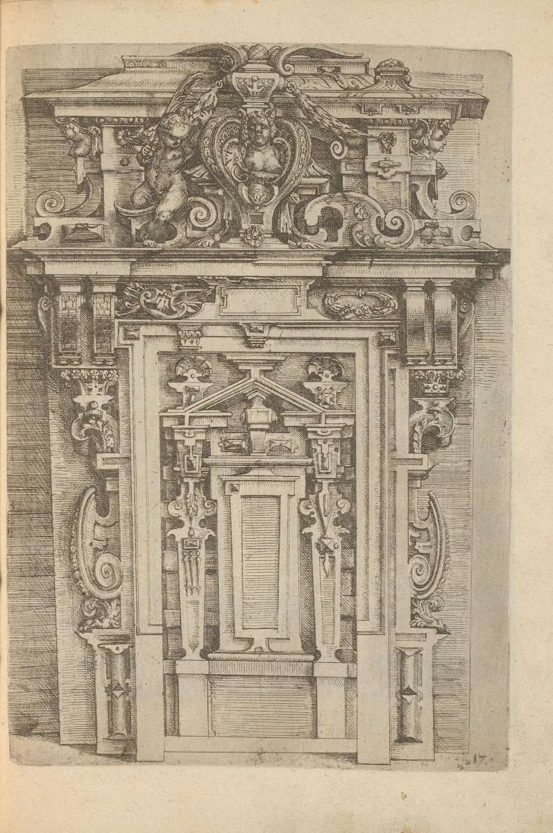 Gate shaped wall decoration with a bust of a woman and a putto with a palm branc