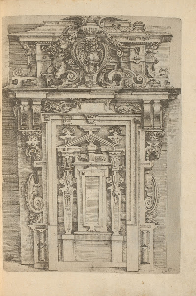 Gate shaped wall decoration with a bust of a woman and a putto with a palm branc