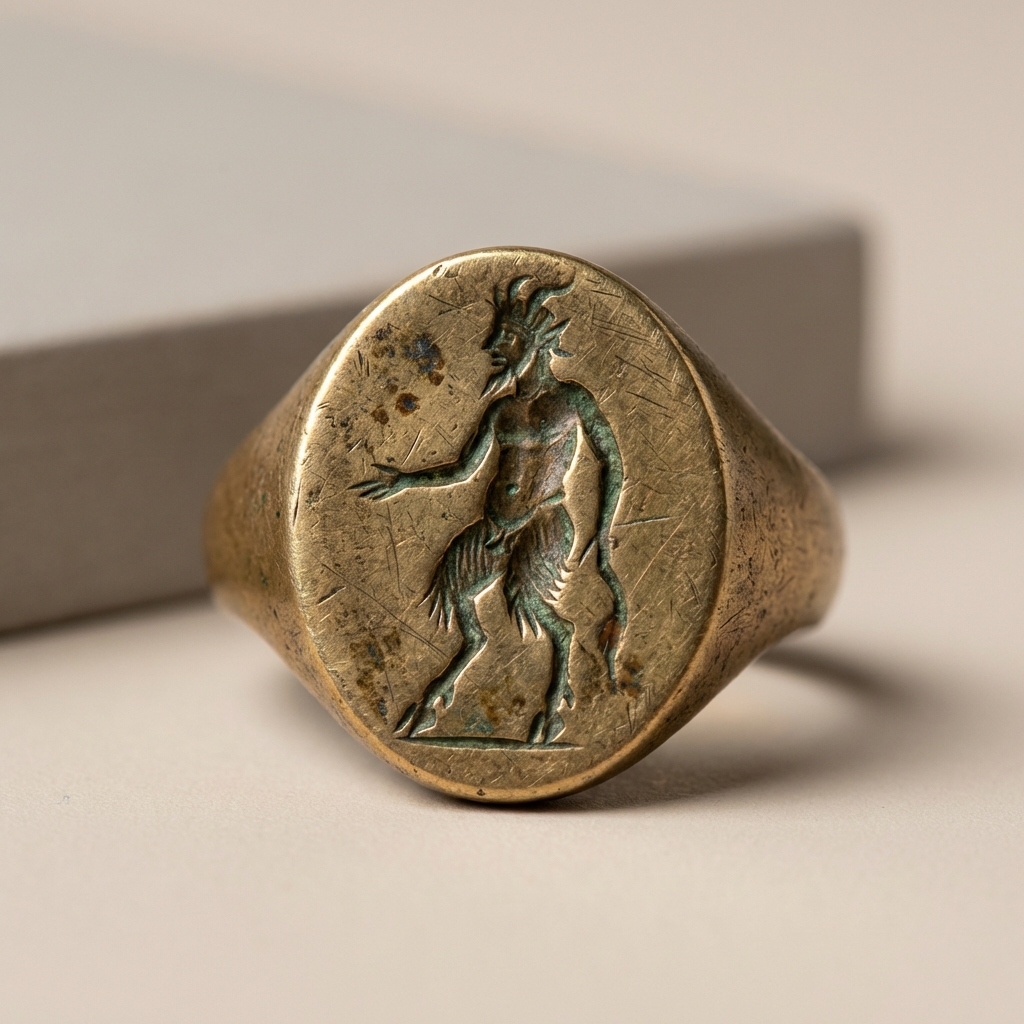 Studio lit macro of an ancient faun engraved ring bezel showing incised lines tool marks and warm patina on bronze against a matte ede7da background