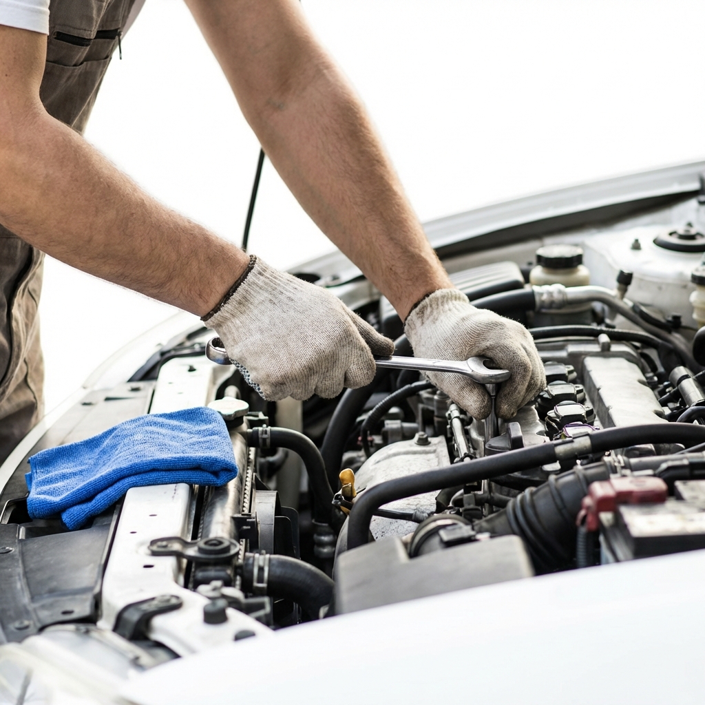 Mechanic inspecting car engine bay with hands and tools natural light small blue rag accent in #3666ed best day of the week to buy a car