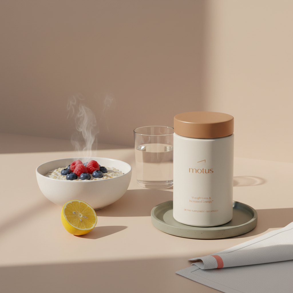 Minimal breakfast scene with Motus supplement jar labeled 'Motus Weight loss and increased Energy Dietary Supplement 120 Capsules' beside a bowl of oatmeal with berries, a cut lemon and a glass of water on soft beige background, referencing Orlistat.