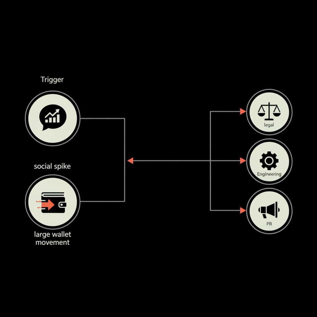 Minimal vector flowchart of a crypto crisis: triggers (social spike, wallet move) to response icons (legal, engineering, PR). what is PR in crypto