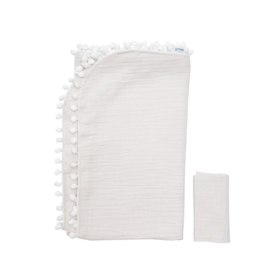 Плед Twins мусліновий 100х80 4-х шар з помпонами+серветка світло сірий