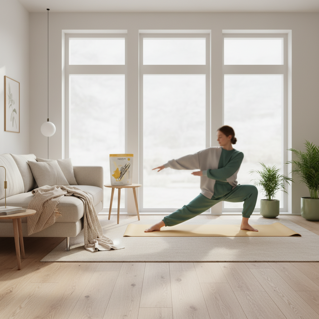 Minimalistisches Wohnzimmer‑Workout mit Yogamatte und dehnender Person neben dem Produkt aus den Referenzfotos im winterlichen Licht — Eiweißgehalt Haferflocken