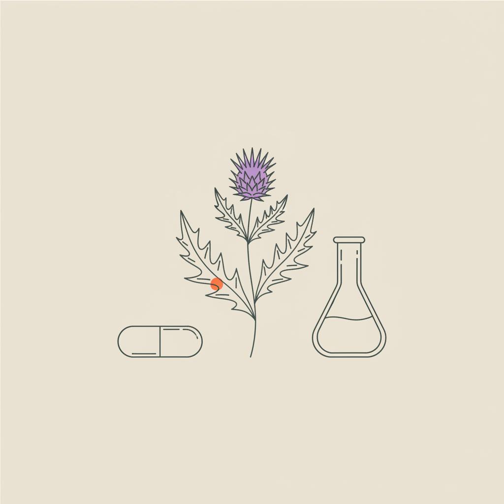Minimalist Tonum-style line illustration of a milk thistle plant, capsule, and lab flask on beige background, representing milk thistle detox.