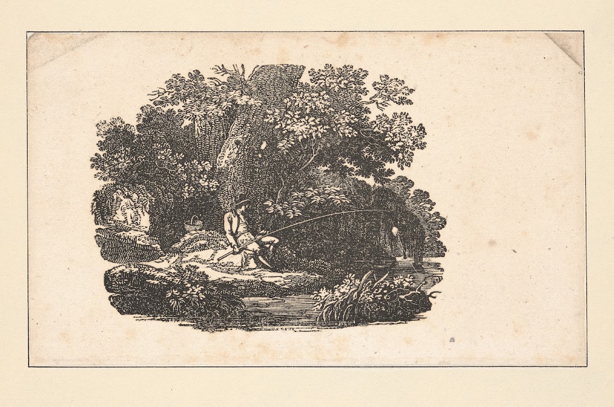 The seasons Spring Man fishing in stream horizontal view 1826