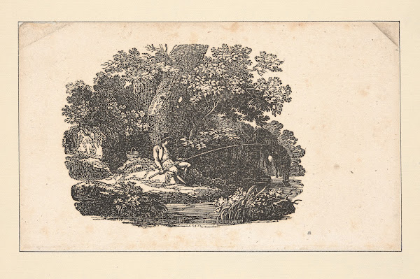 The seasons Spring Man fishing in stream horizontal view 1826