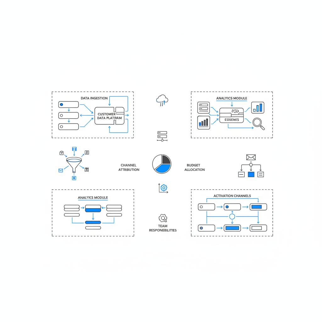 Vector notebook-style diagram of martech stacks and data flows on a clean white background with nodes and arrows in #1a5bfb and #39383f for top advertising agencies