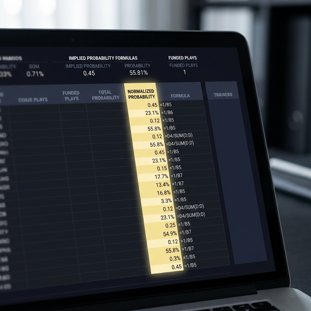 Close up spreadsheet showing implied probability formulas and a normalized probability column highlighting no vig odds in a clean minimal Funded Plays style on a dark branded background