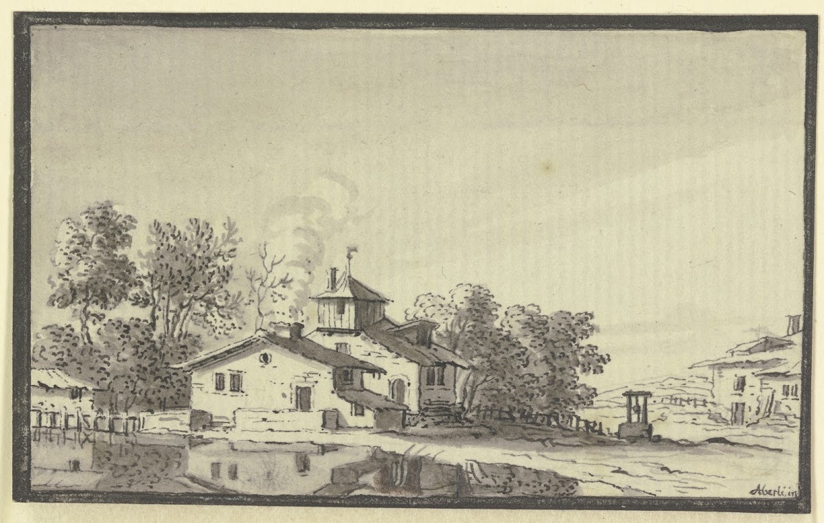 Bauernhof von Bäumen umgeben am Ufer eines Teiches 1744