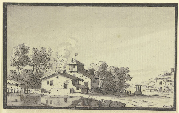 Bauernhof von Bäumen umgeben am Ufer eines Teiches 1744