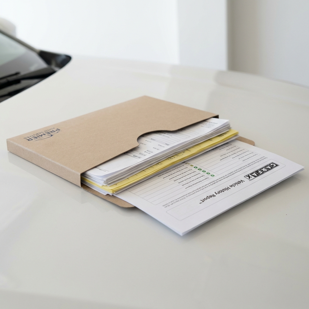 Folder of service receipts and a CarFax Vehicle History Report on a car hood illustrating how much is my car worth