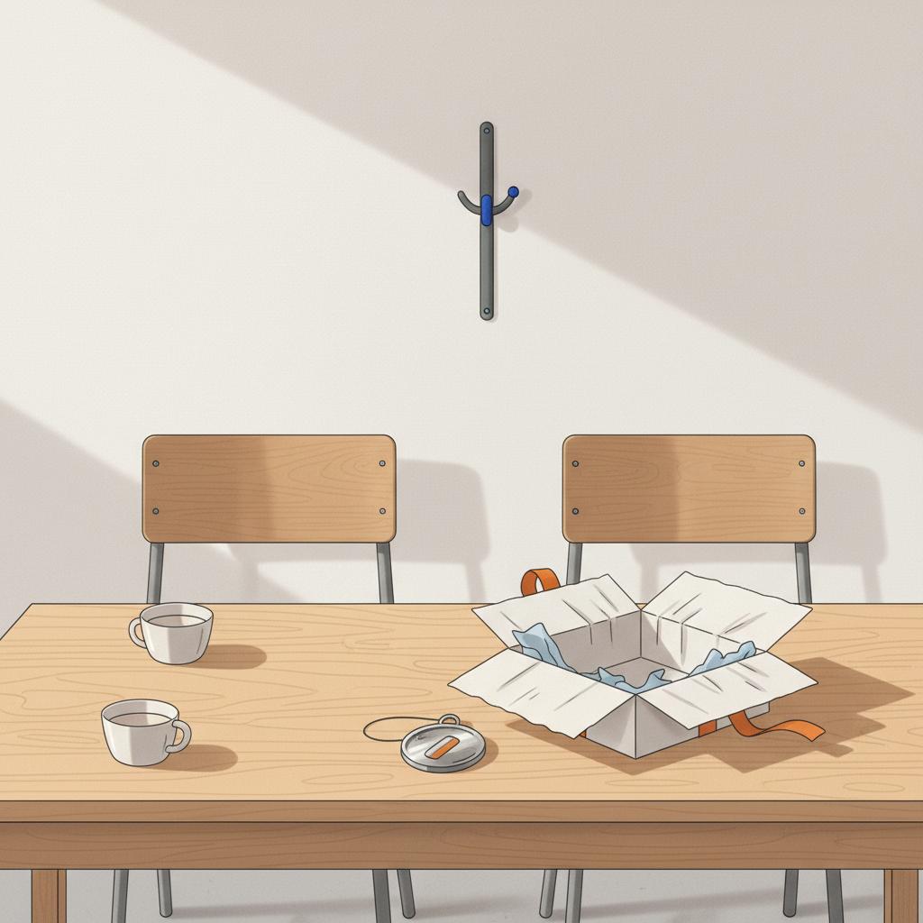 Minimalistisches 2D-Vektor-Stillleben auf Esstisch mit geöffnetem Geschenkkarton, Seidenpapier und glänzendem Metallanhänger in warmem, industriellem Interieur – gehobene Dankesformulierung
