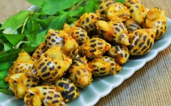 Cho bơ vào chảo đun chảy, trút ốc hương và phô mai vào chảo. Lửa nhỏ, đảo đều tay cho sốt cô lại, bám đều quanh vỏ ốc. Xúc ốc ra đĩa, trang trí rau răm.