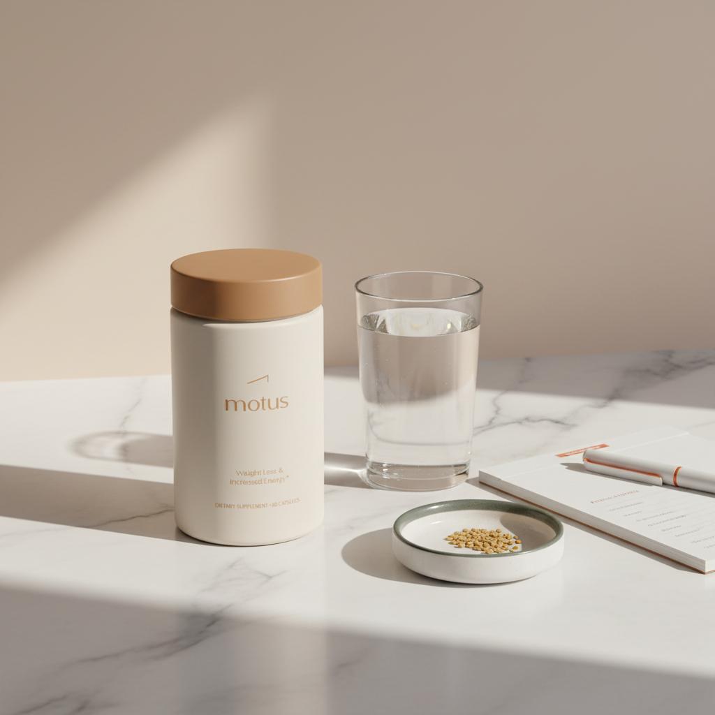 Tonum Motus supplement bottle on a white marble countertop with a glass of water, ceramic dish of fenugreek seeds and a clinical notepad — blood sugar supplements that work