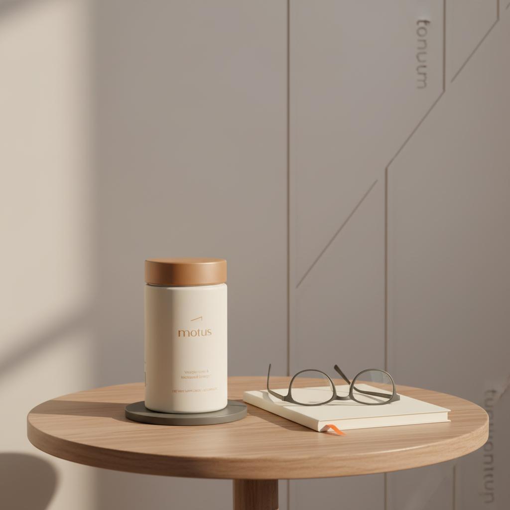 Tidy bedside scene with Tonum Nouro bottle next to notepad and reading glasses in soft morning light, minimalist neutral beige setting — best supplement to slow dementia