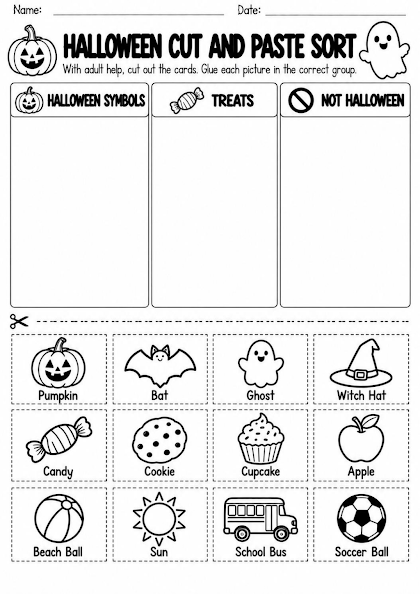 Halloween Cut and Paste Sort Worksheet
