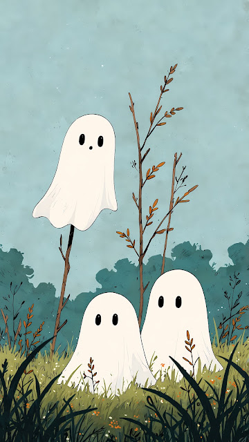 Three Cute Ghosts Floating in Overgrown Meadow - Free mobile Wallpaper