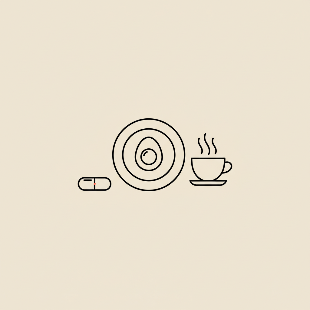 How can I increase my metabolism fast? Minimal Tonum-style line illustration of plate with egg, small cup of tea, and single capsule on beige background.